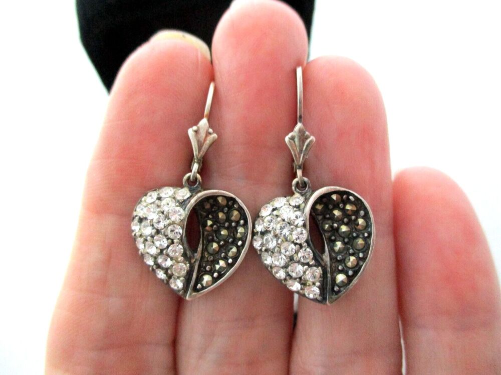 Sterling Silver Vintage QVC Suspicion Marcasite Heart  Dangle Drop Earrings